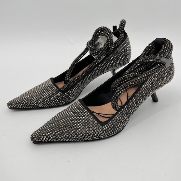ZARA NEW GEM RHINESTONE BLACK GRAY SILVER POINTED BOW TIE ANKLE KITTEN HEELS 6 - Picture 11 of 11